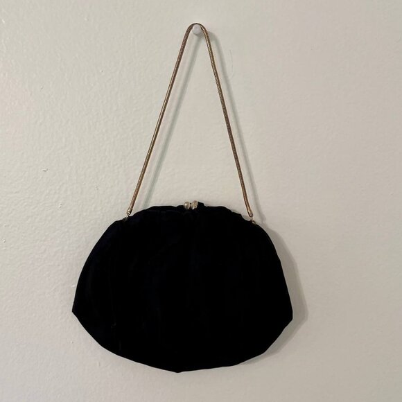 Ingber Vintage 50s Satin Clutch Black Evening Purse Gold Frame Kiss Lock Closure - Picture 1 of 13